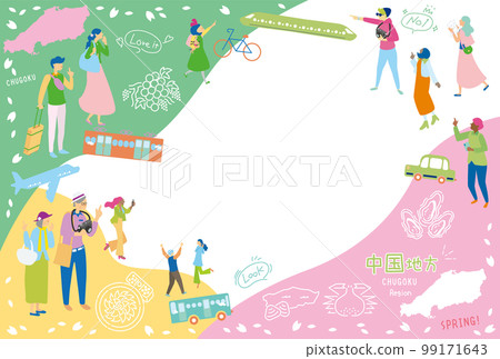 Tourists enjoying spring gourmet sightseeing in the Chugoku region of Japan, set of icons (flat) 99171643