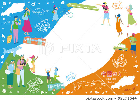 Tourists enjoying summer gourmet sightseeing in the Chugoku region of Japan, set of icons (flat) 99171644