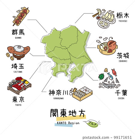 日本關東地區美食旅遊和地圖，圖標集（畫線） 99171651