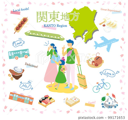 A family of three who enjoys spring gourmet sightseeing in the Kanto region of Japan, a set of icons (flat) 99171653