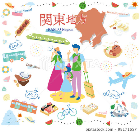 A family of three who enjoys summer gourmet sightseeing in the Kanto region of Japan, a set of icons (flat) 99171657