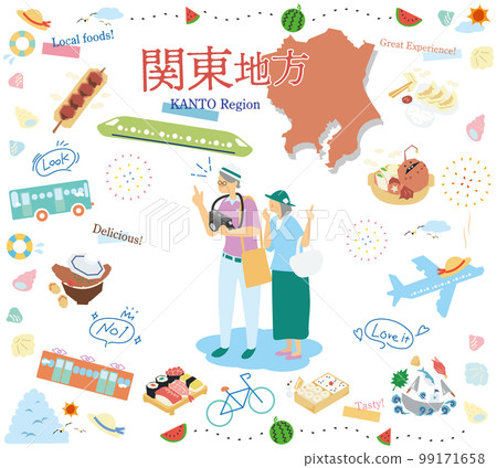 在日本關東地區享受夏季美食觀光的老年夫婦，圖標集（平面） 99171658