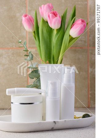 White plastic tube, jar for cosmetics. Container for gel, cream, tonic. Advertising and product promotion 99171707