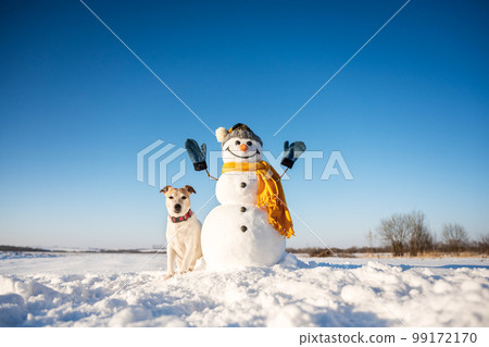Funny snowman in knitted hat Funny snowman in knitted hat 99172170