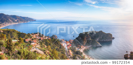 Panoramic aerial view of Isola Bella island and beach in Taormina 99172354