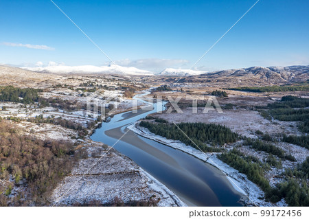 Aerial view of snow covered Gweebarra River between Doochary and Lettermacaward in Donegal - Ireland Aerial view of snow covered Gweebarra River between Doochary and Lettermacaward in Donegal - Ireland 99172456