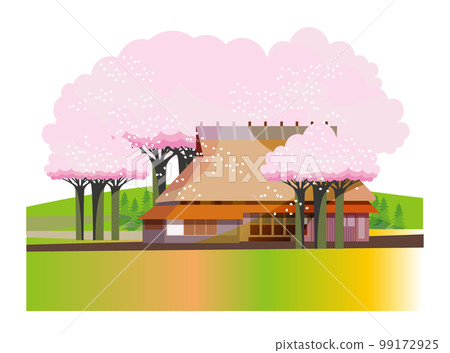 A gentle spring mountain village landscape with cherry blossoms. A gentle spring mountain village landscape with cherry blossoms. 99172925