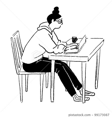 一個女人用筆記本電腦的矢量線圖 一個女人用筆記本電腦的矢量線圖 99173087