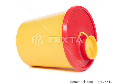 Medical box with contaminated needles isolated on white Medical box with contaminated needles isolated on white 99173319