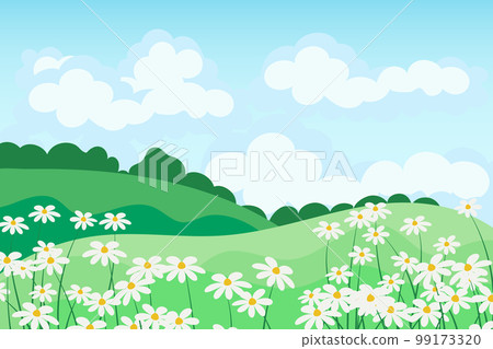 Spring-summer landscape, chamomile fields and meadows against the sky with clouds. Illustration, background, vector Spring-summer landscape, chamomile fields and meadows against the sky with clouds. Illustration, background, vector 99173320