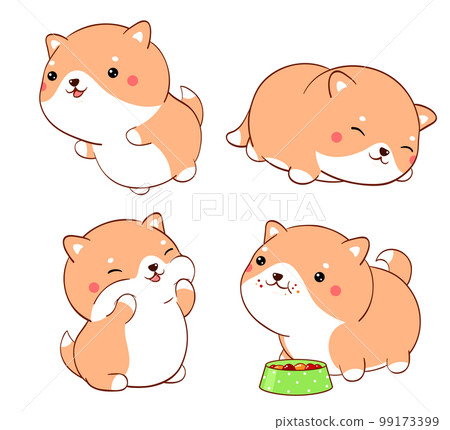 Set of cute fat dogs kawaii style. Collection of lovely little shiba inu puppy in different poses. Can be used for t-shirt print, stickers, greeting card design 99173399