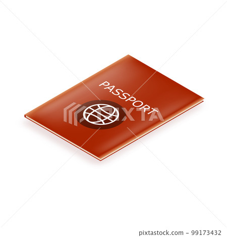 Vector red international passport cover design template isolated on white background. National Red Passport 3d icon with white earth globe and shadow. 3d isometric passport Vector red international passport cover design template isolated on white background. National Red Passport 3d icon with white earth globe and shadow. 3d isometric passport 99173432
