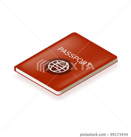 Vector red international passport cover design template isolated on white background. National Red Passport 3d icon with white earth globe and shadow. 3d isometric passport Vector red international passport cover design template isolated on white background. National Red Passport 3d icon with white earth globe and shadow. 3d isometric passport 99173434