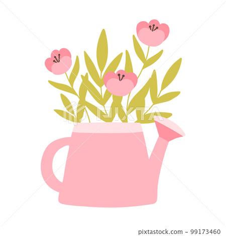 Cute watering can with flowers. Spring watering can with flowers and leaves. Vector illustration. Flat hand drawn style. 99173460