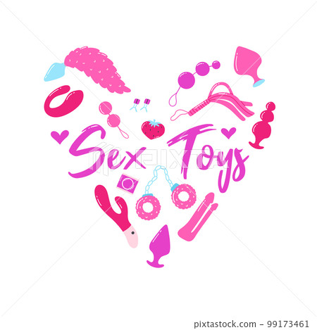 Sex toys. Poster for sex shop. Toys for adults. Heart print for an adult store. Vibrators, vaginal beads, whip, butt plugs. Vector illustration. 99173461