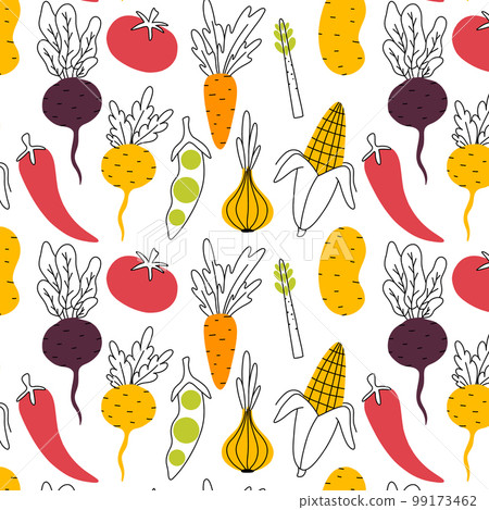 Seamless pattern with vegetables in doodle stele. Pattern with horse crops in a linear style. Modern print with vegetables with color. Vector illustration. Seamless pattern with vegetables in doodle stele. Pattern with horse crops in a linear style. Modern print with vegetables with color. Vector illustration. 99173462