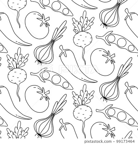 Seamless pattern with vegetables in doodle stele. Pattern with horse crops in a linear style. Modern print with vegetables. Vector illustration. Seamless pattern with vegetables in doodle stele. Pattern with horse crops in a linear style. Modern print with vegetables. Vector illustration. 99173464