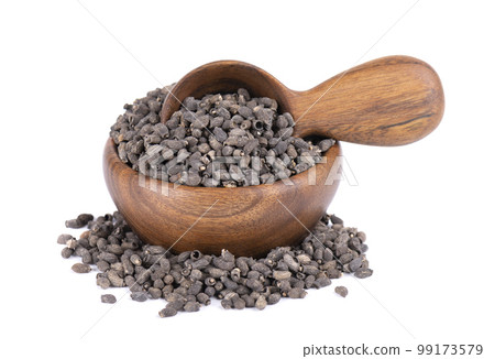 Borage seeds in wooden bowl and spoon, isolated on a white background. Borago officinalis seeds 99173579