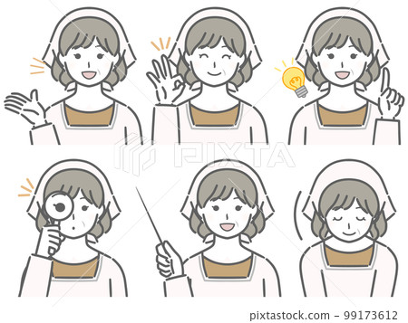 A middle-aged woman wearing a cooking suit to explain 99173612