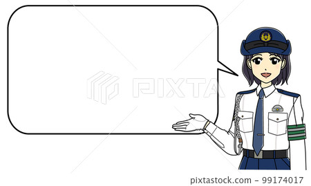 A female police officer in a white shirt giving guidance (with a balloon with rounded corners) 99174017