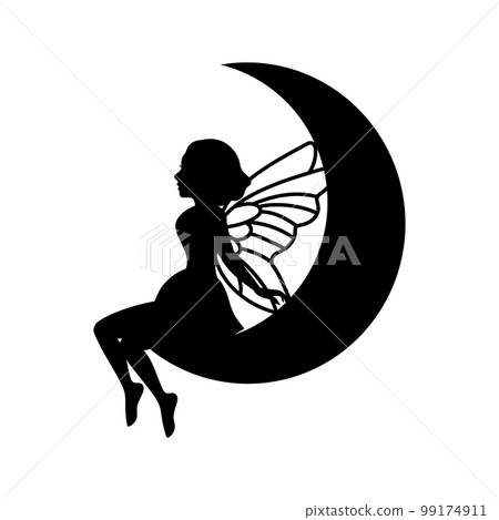 Little fairy. Mythical tale character logo. Silhouette of little creature with wings. Magical fairy in dress 99174911