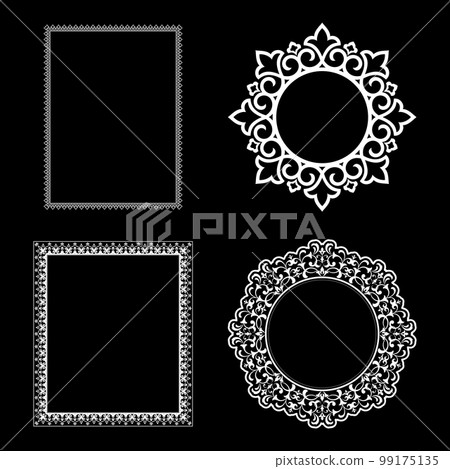 Set of decorative frames Elegant vector element for design in Eastern style, place for text. Floral black and white borders. Lace illustration for invitations and greeting cards. Set of decorative frames Elegant vector element for design in Eastern style, place for text. Floral black and white borders. Lace illustration for invitations and greeting cards. 99175135