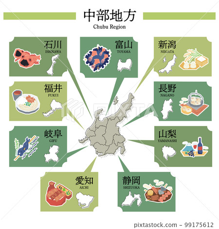 日本中部地區的美食觀光、地圖和一組圖標 日本中部地區的美食觀光、地圖和一組圖標 99175612