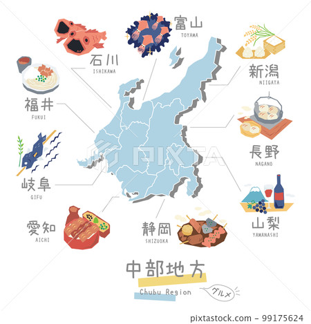 日本中部地區的美食觀光和地圖,圖標集(平面) 日本中部地區的美食觀光和地圖,圖標集(平面) 99175624