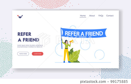 Refer A Friend Landing Page Template. Woman With Loudspeaker Holding Large Banner. Advert, Value Of Personal Referrals Refer A Friend Landing Page Template. Woman With Loudspeaker Holding Large Banner. Advert, Value Of Personal Referrals 99175885