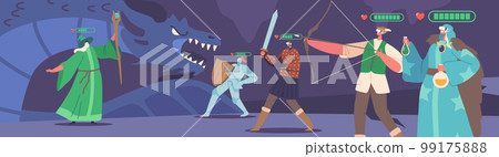 Characters Wearing Virtual Reality Headset And Fantasy Costumes Playing Mmorpg Video Game. Concept Of 3d Digital World 99175888