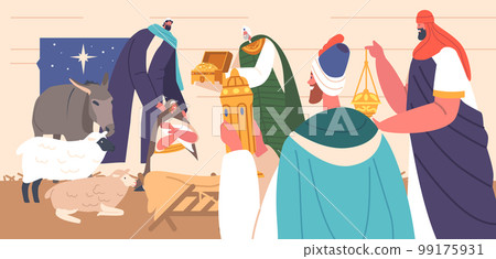 Gifts Of Magi Biblical Scene With Three Wise Men Who Followed Star To Find Jesus In Bethlehem Vector Illustration Gifts Of Magi Biblical Scene With Three Wise Men Who Followed Star To Find Jesus In Bethlehem Vector Illustration 99175931