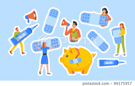 Set Of Stickers Financial Problems Theme. Business Characters With Patches And Glue Fixing Broken Piggy Bank 99175957