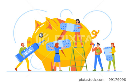 Financial Problems Business Concept. Tiny Characters Fixing Broken Piggy Bank. Group Of Professionals Collaborate 99176098