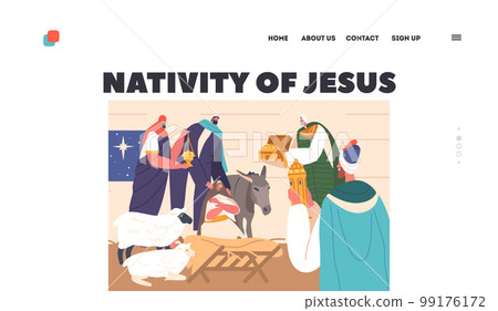 Nativity Of Jesus Landing Page. Three Wise Men Honor Newborn Messiah With Gifts. Balthazar, Caspar And Melchior 99176172