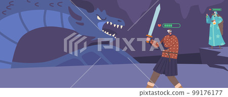 Characters In Fantasy Attire And Virtual Reality Headset Playing Mmorpg Video Game. Warrior And Wizard Fight With Dragon 99176177