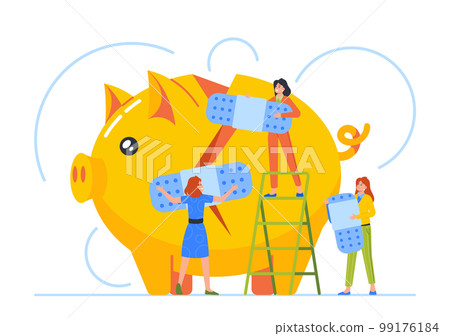 Teamwork, Solution-focused Approach Concept with Business Characters Fixing Broken Piggy Bank Vector Illustration 99176184