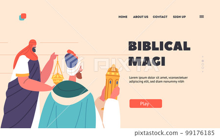 Biblical Magi Presenting Frankincense And Myrrh Landing Page. Three Wise Men Show Reverence And Respect For Jesus 99176185