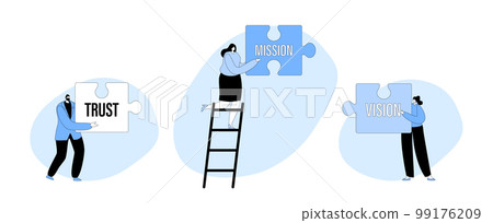 Core Values Concept. Tiny Businesspeople Characters Stand On Ladder Holding Huge Puzzle Piece With Basic Principles 99176209