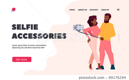 Selfie Accessories Landing Page Template. Young Couple Taking Selfie, Man And Woman Stand Close Together Hold Smartphone Selfie Accessories Landing Page Template. Young Couple Taking Selfie, Man And Woman Stand Close Together Hold Smartphone 99176294