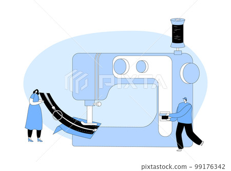 Tailor Characters Repair Clothes, Tiny Dressmakers Fixing Outfit And Apparel On Huge Sewing Machine, Textile Business Tailor Characters Repair Clothes, Tiny Dressmakers Fixing Outfit And Apparel On Huge Sewing Machine, Textile Business 99176342