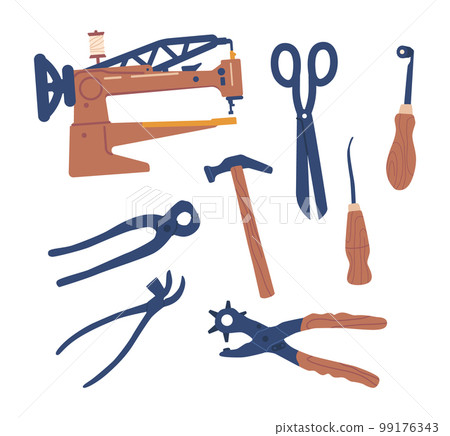 Set Of Boarding Tools. Board Lasts, Cutting Knives, Awl, Stitching And Edge Beveler, Hammer, Welt And Roller Set Of Boarding Tools. Board Lasts, Cutting Knives, Awl, Stitching And Edge Beveler, Hammer, Welt And Roller 99176343