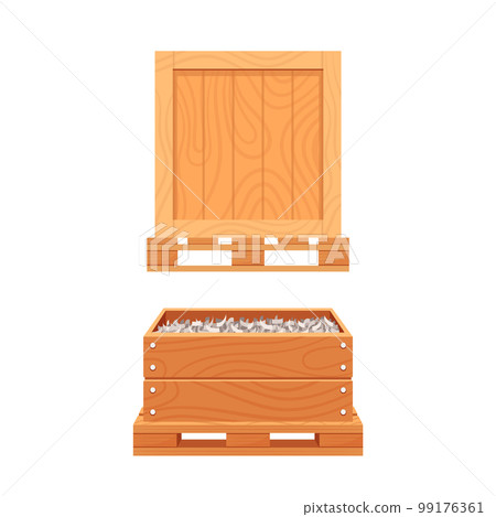 Closed and Open Wooden Box with Filling Stand on Pallet Isolated on White Background. Loading And Transporting Cargo Closed and Open Wooden Box with Filling Stand on Pallet Isolated on White Background. Loading And Transporting Cargo 99176361