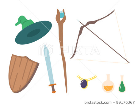 Set Of Fantasy Armor And Wizardry Items. Sorcerer Hat, Potion Bottle, Flask And Magic Staff. Wooden Shield, Sword Set Of Fantasy Armor And Wizardry Items. Sorcerer Hat, Potion Bottle, Flask And Magic Staff. Wooden Shield, Sword 99176367