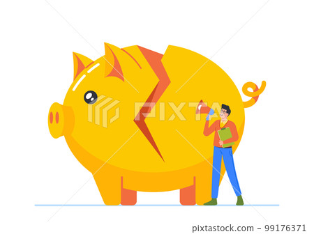 Business Man With Loudspeaker Stand Near Broken Piggy Bank. Financial Problems And Need For Effective Solutions 99176371