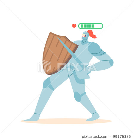 Knight Wearing Virtual Reality Glasses Immersed In Popular Video Game Of The Mmorpg Genre. Isolated Player Wear Armor 99176386