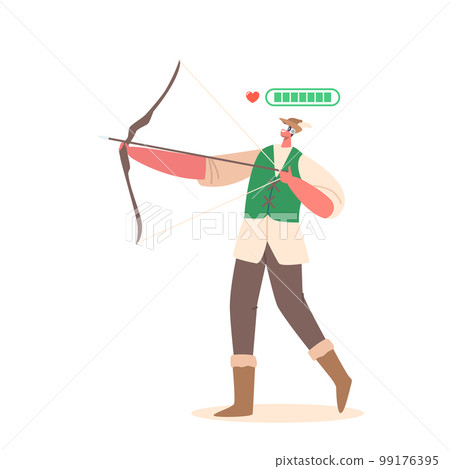 Fantasy Archer Wearing Virtual Reality Glasses And Costume Of Robin Hood Shooting With Bow. Male Character Playing Fantasy Archer Wearing Virtual Reality Glasses And Costume Of Robin Hood Shooting With Bow. Male Character Playing 99176395