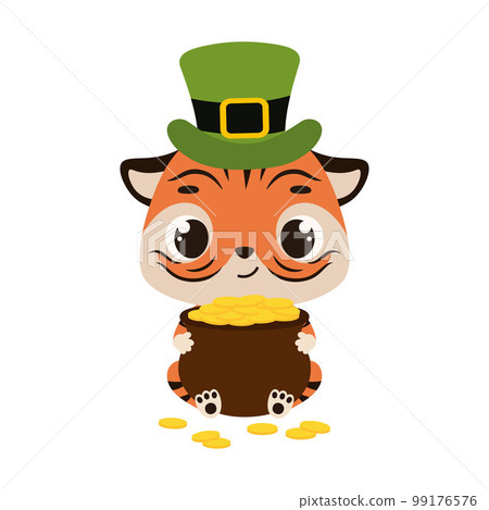 Cute tiger in green leprechaun hat holds bowler with gold coins. Irish holiday folklore theme. Cartoon design for cards, decor, shirt, invitation. Vector stock illustration Cute tiger in green leprechaun hat holds bowler with gold coins. Irish holiday folklore theme. Cartoon design for cards, decor, shirt, invitation. Vector stock illustration 99176576