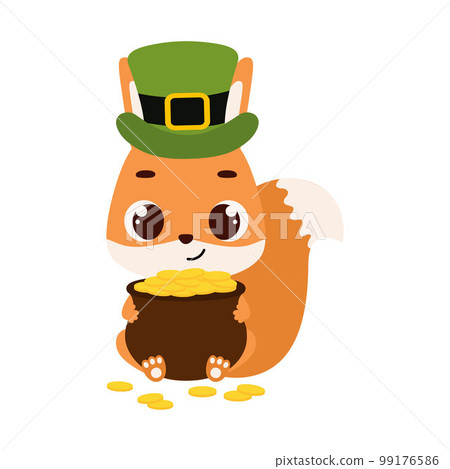 Cute squirrel in green leprechaun hat holds bowler with gold coins. Irish holiday folklore theme. Cartoon design for cards, decor, shirt, invitation. Vector stock illustration 99176586