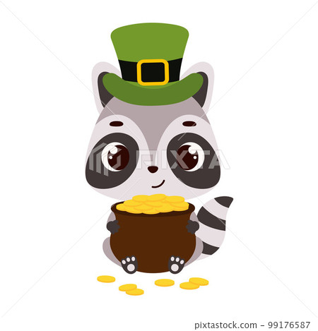 Cute raccoon in green leprechaun hat holds bowler with gold coins. Irish holiday folklore theme. Cartoon design for cards, decor, shirt, invitation. Vector stock illustration 99176587
