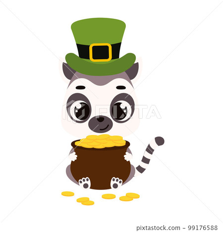 Cute lemur in green leprechaun hat holds bowler with gold coins. Irish holiday folklore theme. Cartoon design for cards, decor, shirt, invitation. Vector stock illustration 99176588